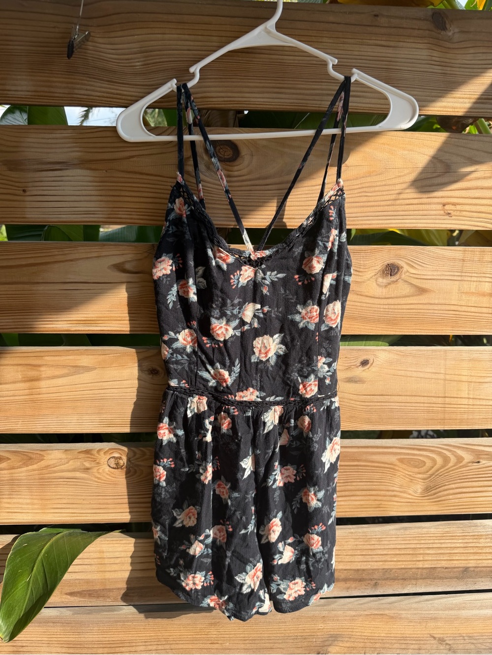 Hollister Black Floral Spaghetti-Strap Romper with Peach Blooms
